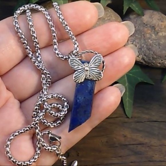Butterfly and Lapis Lazuli Shard Pendant Necklace - Picture 3 of 7